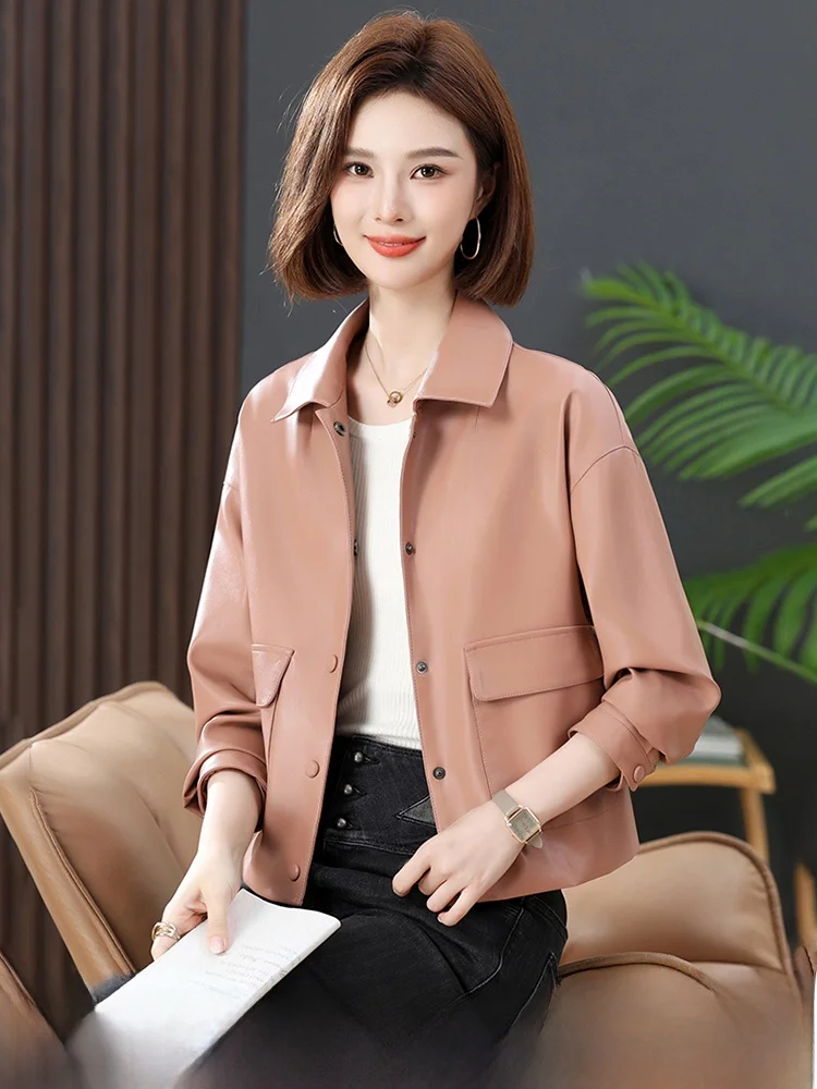 

Real Leather Jaet Women ort Sle 2024 New Autumn Slim Fit Casual Faion Slimming eepskin Coat Outerwear