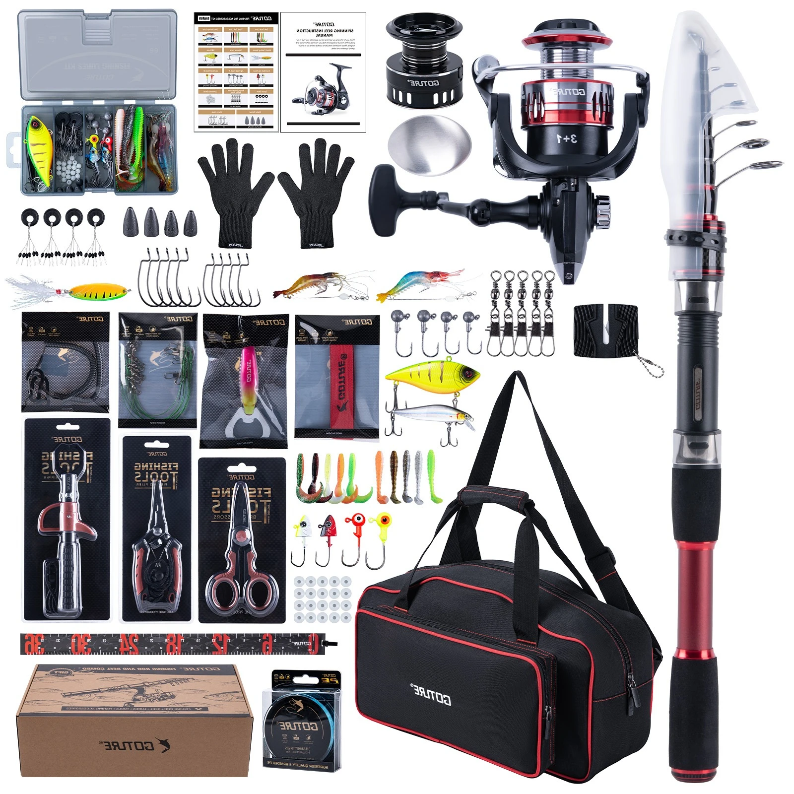 Goture Carbon Telescopic Fishing Rod Spinning Reel Combo Full Tackle Kit with Bag Lures Hooks Pliers for Saltwater Freshwater