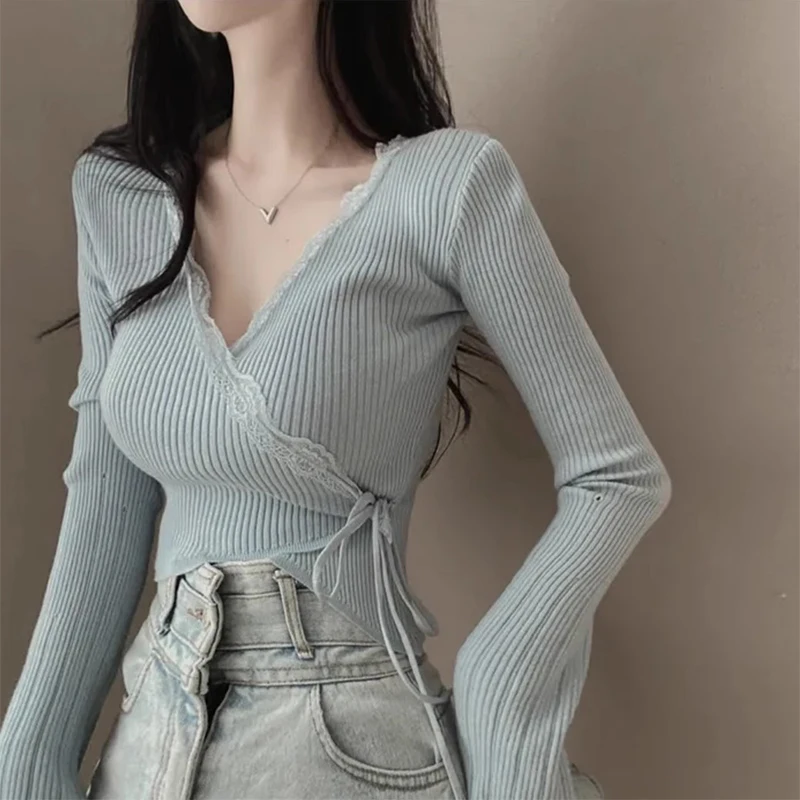 Matakawa Lace Up Women Sweaters Solid Korean Fashion Spring Autumn V Neck Pull Femme Elegant Slim Vintage Short Pullovers