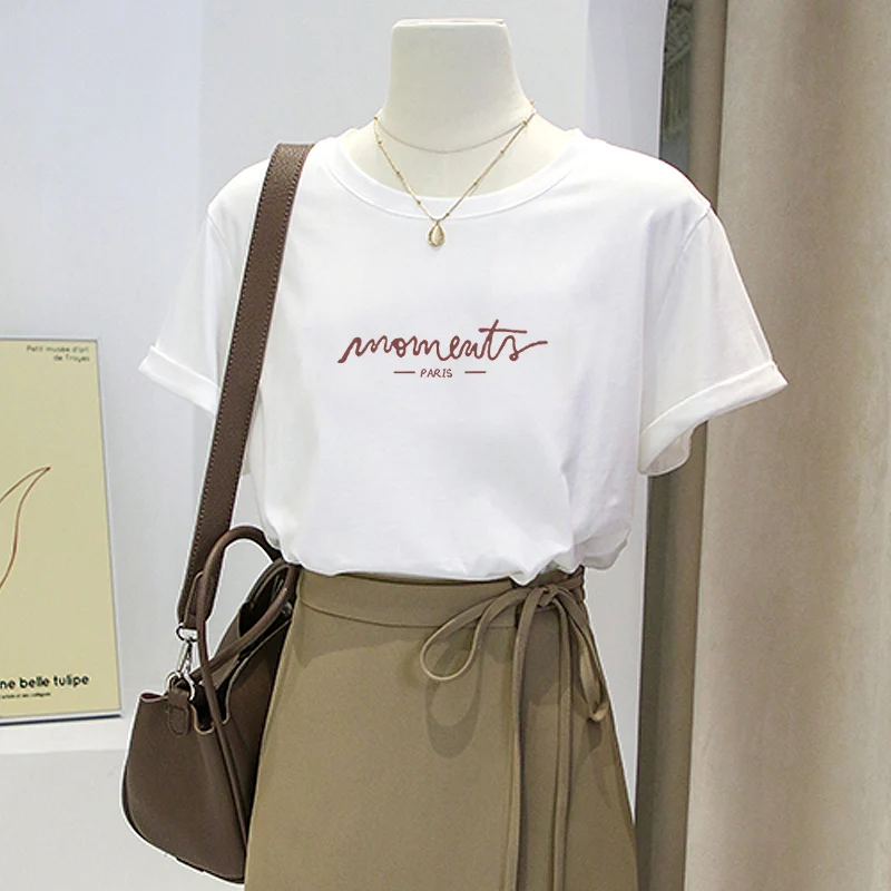 

2025 Summer New All Match Cotton Casual Short Sleeve T-shirt Korean East Gate Letter Printed Office Lady Chic Top 00s Tees