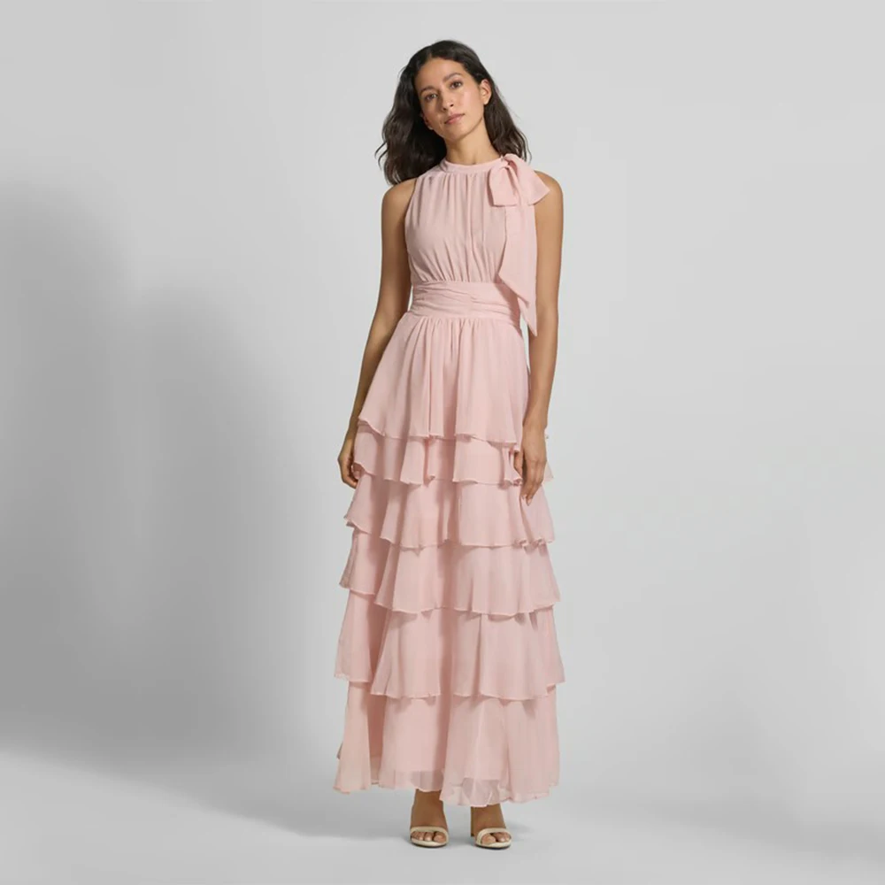 

Customized Elegant Chiffon Bow Sash Tiered Pleat A-line Halter Long Dresses Bespoke Occasion Dresses High quality Casual Simple