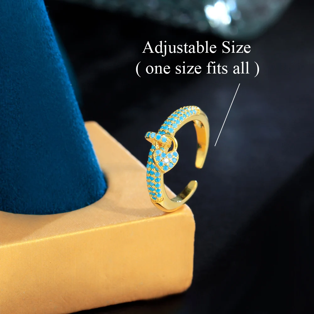 ThreeGraces New Trendy Light Blue Cubic Zirconia Gold Color Open Size Small Heart Charm Ring for Women Chic Party Jewelry R308