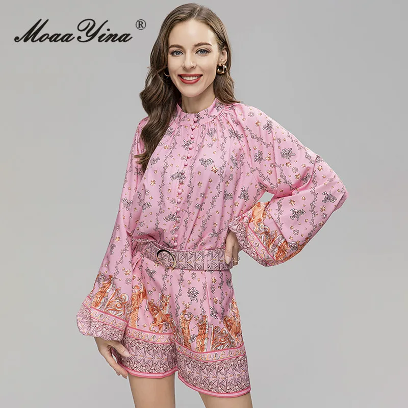 MoaaYina Summer Fashion Runway Vintage Print Pants Set Women Lantern Sleeve Button Top+Sashes Gathered Waist Shorts 2 Pieces Set