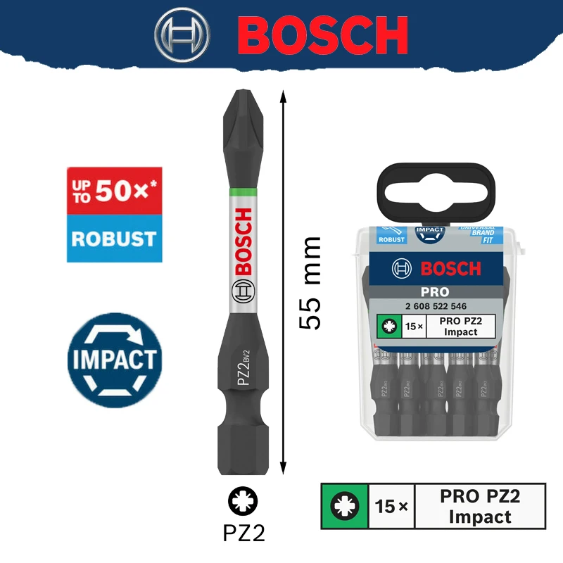 BOSCH 2608522546 PRO IMPACT Screwdriver Bit PZ2 55MM 15-piece 1/4