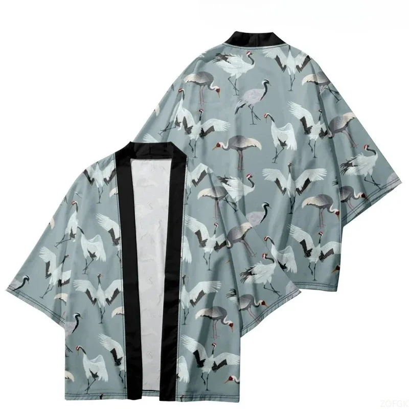 Crane Kimono Robe Women's Printed Haori Cardigan, Spring Beach Half Sleeved Cardigan Top