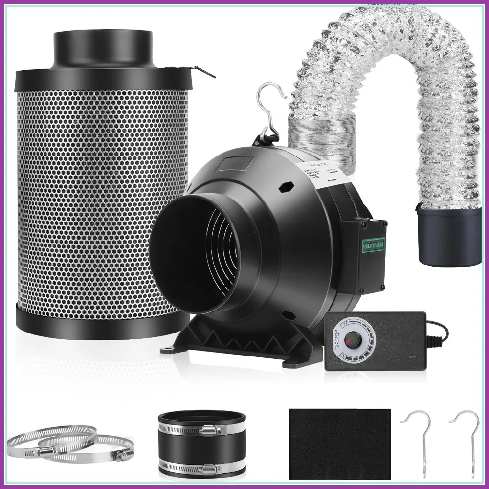 

4" 190 CFM Inline Duct Fan with Speed Controller, 12" Carbon Filter, 8ft Ducting & Coupler for Grow Tent Hydroponics