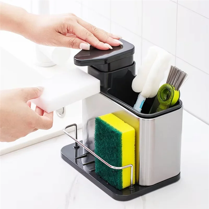

T98C-3-In-1 Kitchen Soap Dispenser With Sponge Holder, Stainless Steel Sink Organizer, Rustproof Dish Soap Dispenser