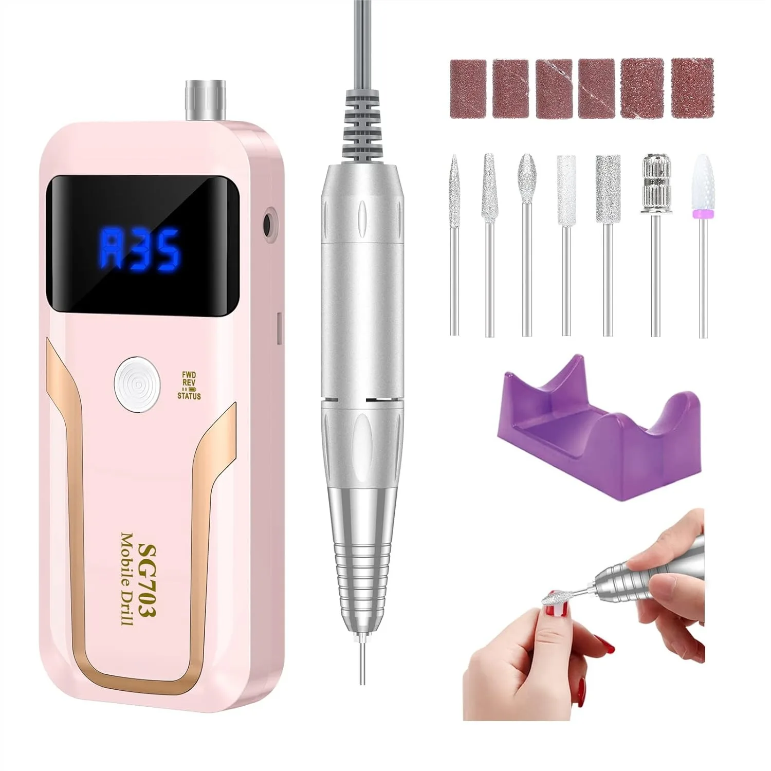 Professional Nail Drill 35000 RPM, Rechargeable Cordless Electric Nail File with Bits Kit for Acrylic Gel Polishing, Portable