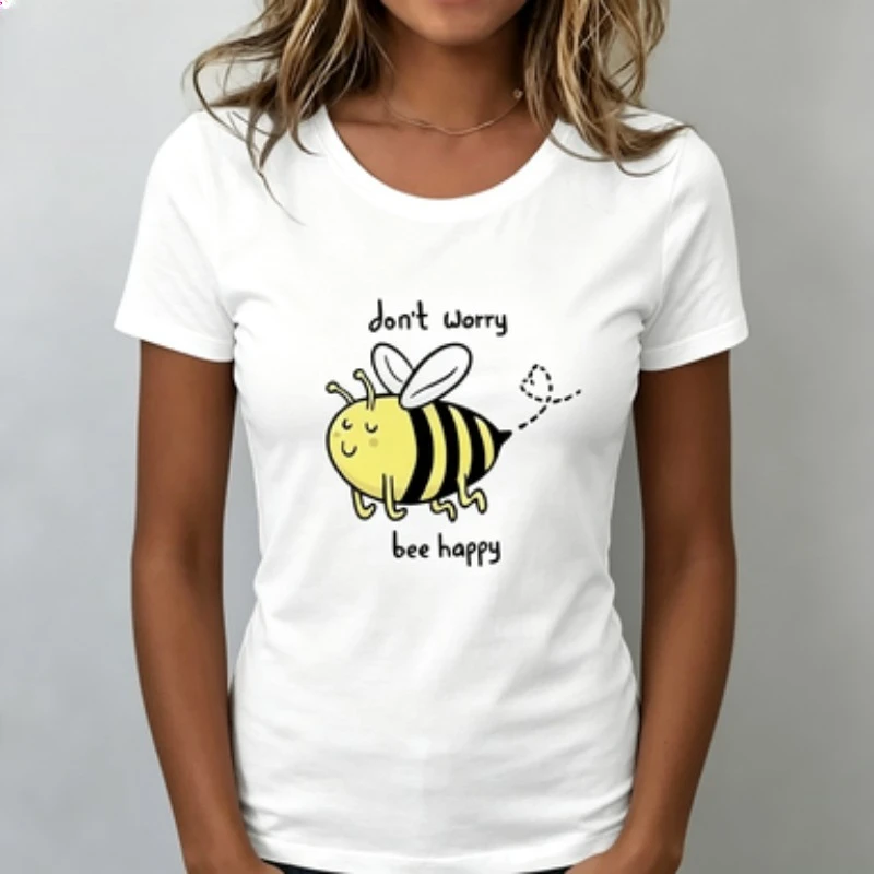 Women Cotton Slim Fit Crew Neck T-Shirt Cute Bee Graphic Don't Worry Bee Happy Print Casual Short Sleeve Ladies Daily Tees