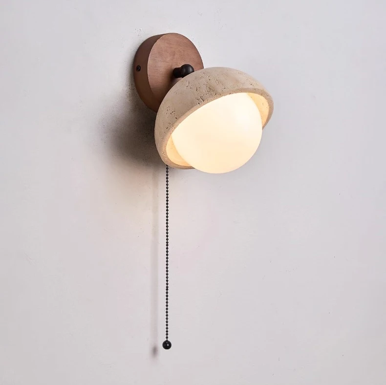 Dark Wood Base LED Wall Lamp Real Stone Vintage Sconce