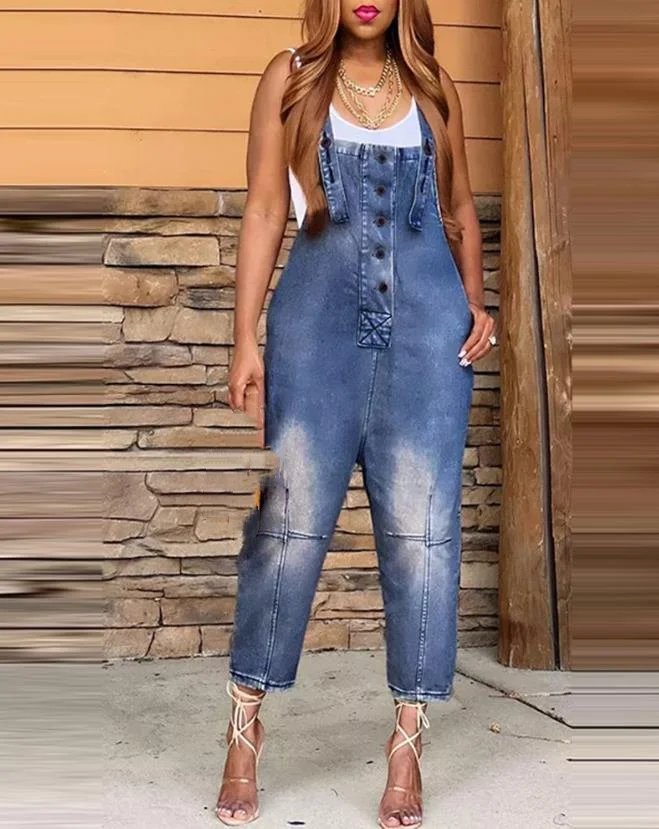 Women's Retro Romper Fashion Bodysuit 2025 Spring Summer Latest Urban Denim Pocket Design Sleeveless Button Suspended Jumpsuit