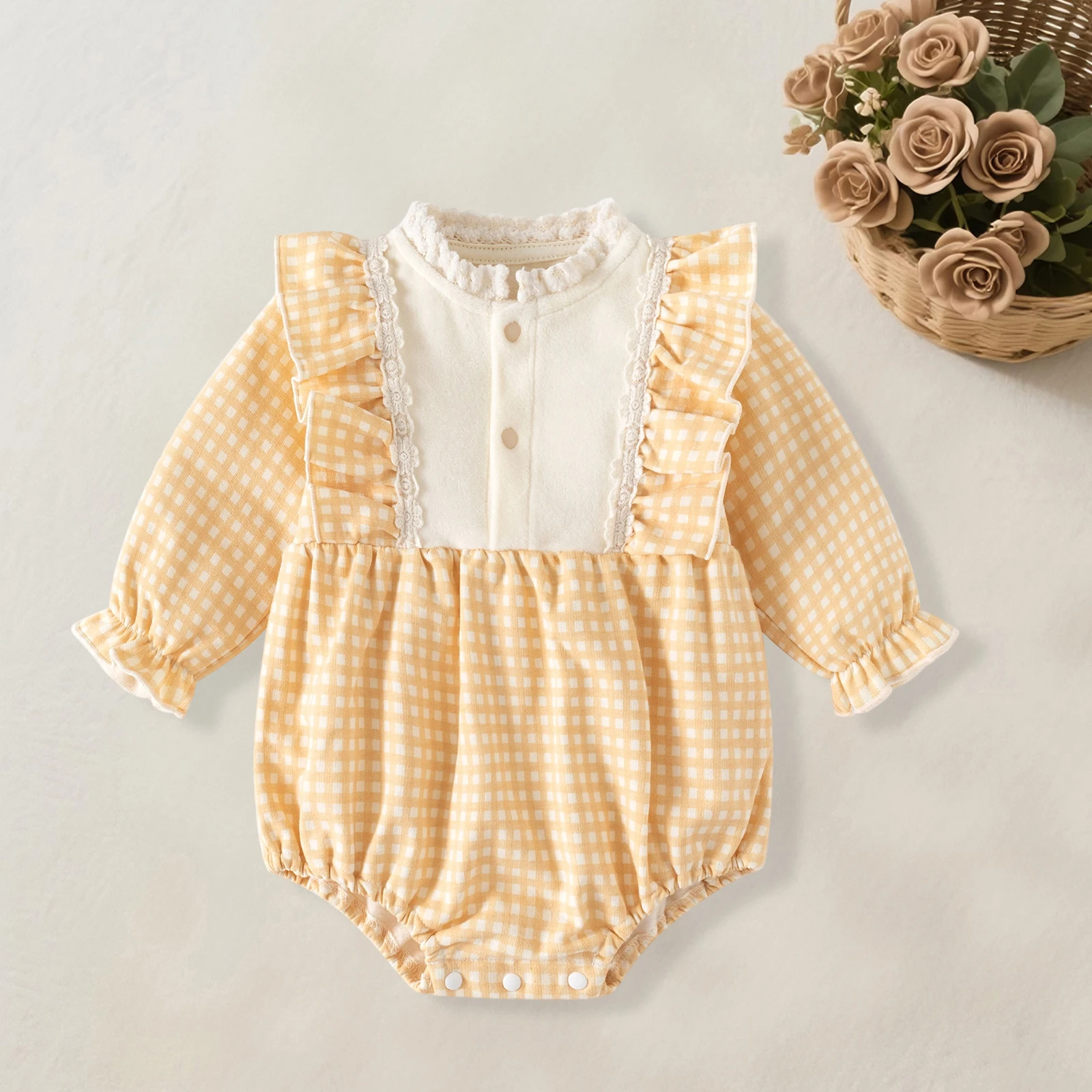 Toddler Infant Baby Girl Romper Ruffle Long Sleeve Button Front Plaid Print Bodysuit Fall Jumpsuit Outfit Clothes