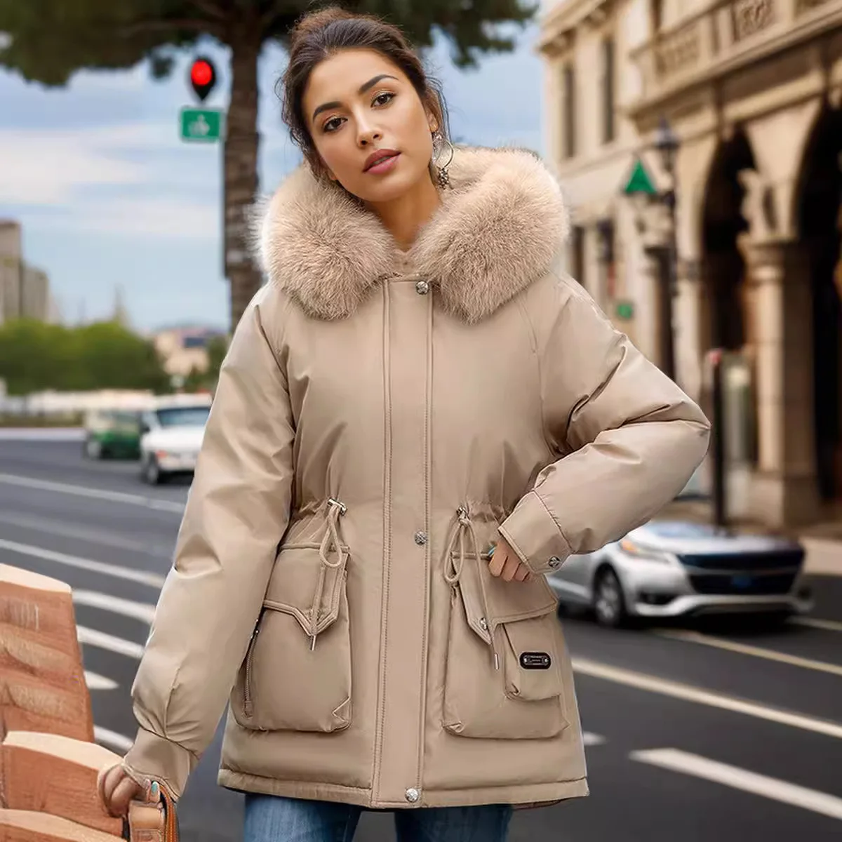 Inverno 2025 Giacca imbottita da donna Collo di pelliccia femminile Parka caldo Cappotti Giacca da donna in cotone con coulisse in vita con cappuccio