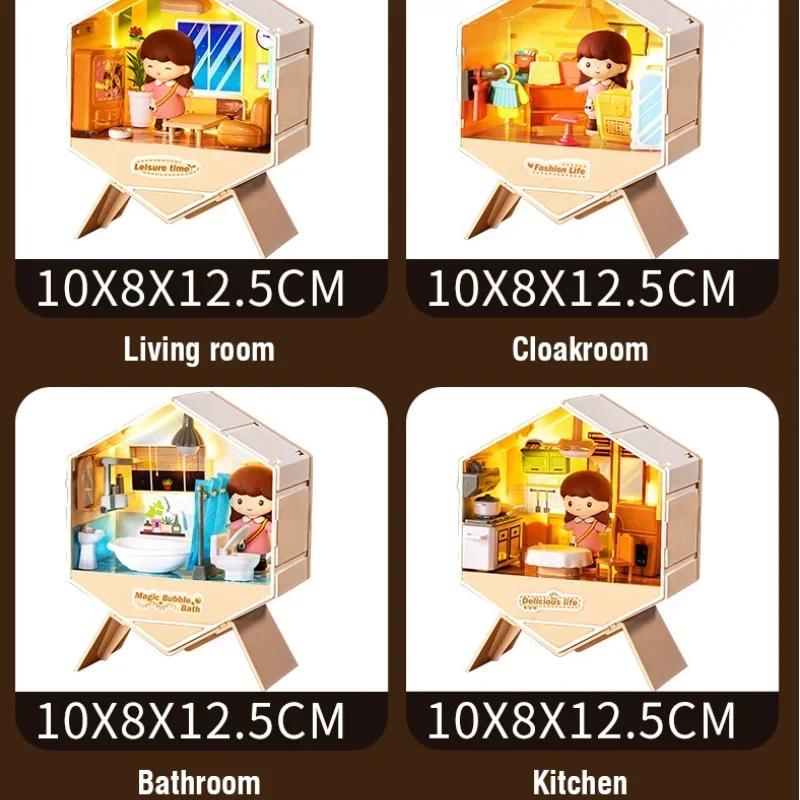 DIY Haus Miniatur Blöcke Küche Cottage Mantel Zimmer Kunst Szene Mit Staub Abdeckung Lichter Handgemachte Ornament Zusammengebaut Kinder Spielzeug