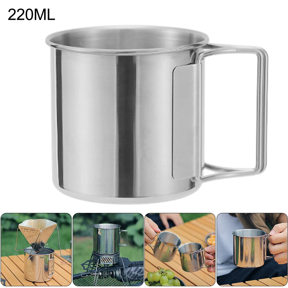 1/4pcs Camping Water Cup with Foldable Handle Camping Mug Lightweight Tea Beer Coffee Mug Stainless Steel for Camping Hiking