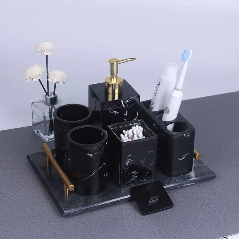 

6 Pieces Black Bathroom Accessories Organization Set with Towel Tray Toothbrush Holder Storage Box Black Lotion Bottle