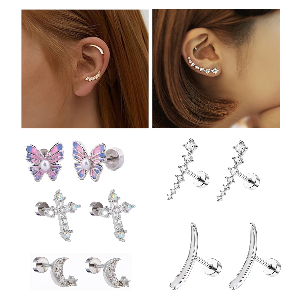 2Pcs 16G Fashion 316L Stainless Steel Cartilage Stud Earrings,Butterfly Moon Cross CZ Tragus Helix Conch Piercing Jewelry