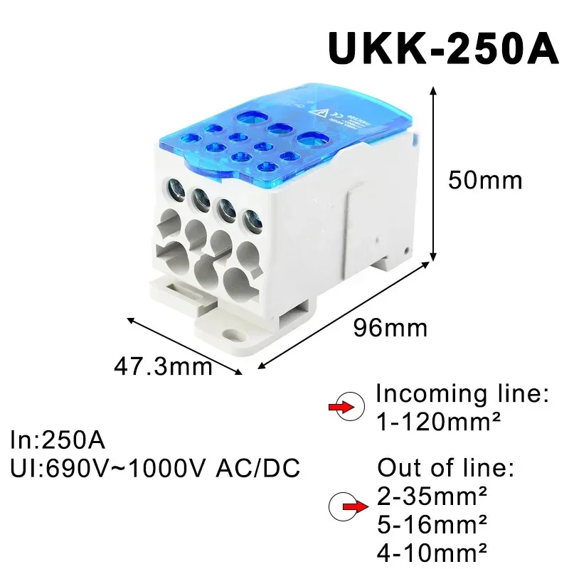 UKK80A 125A 160A 250A 400A 500A Terminal Block 1 in Many Out Din Rail Distribution Box Universal Electric Wire Connector 6