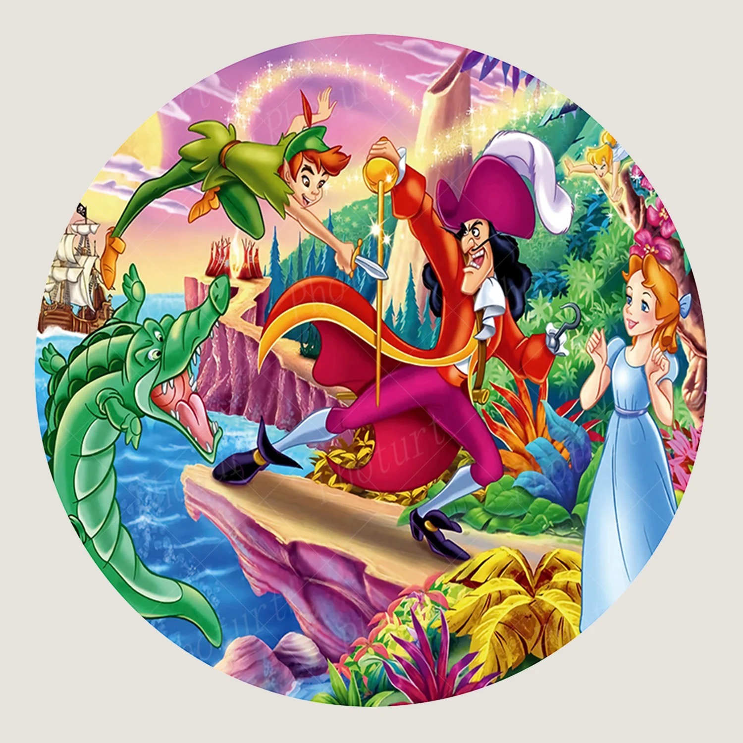 Fondo redondo de Peter Pan de Disneyland, fondo de fotografía de cumpleaños para niños, gancho de capitan, superficie circular, pancarta, accesorios