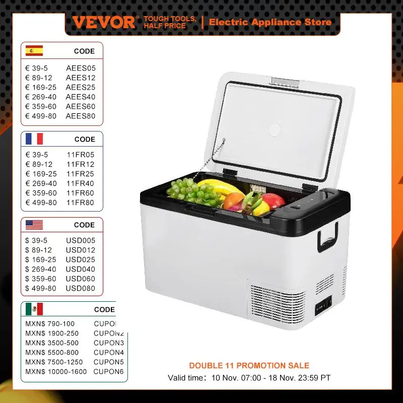 Vevor 25l Auto Koelkast Mini Koelkast Vriezer Draagbare Compressor Koeler 12/24V Dc 110-240V Ijs