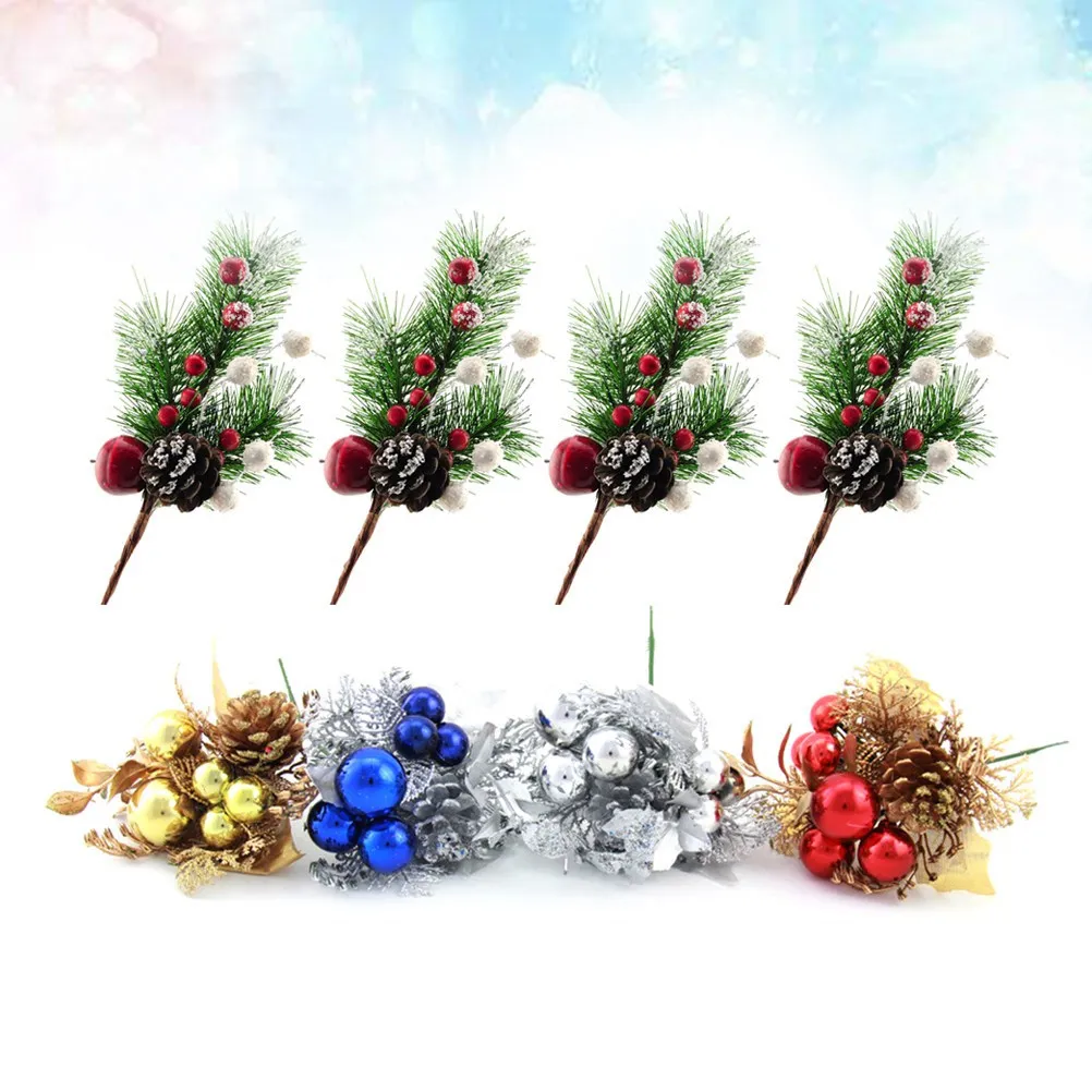 

8Pcs Christmas Decorations Glitter Leaf Picks Pinecone Red Berries Holiday Wreath Centerpiece Package Accents Fruit Ear