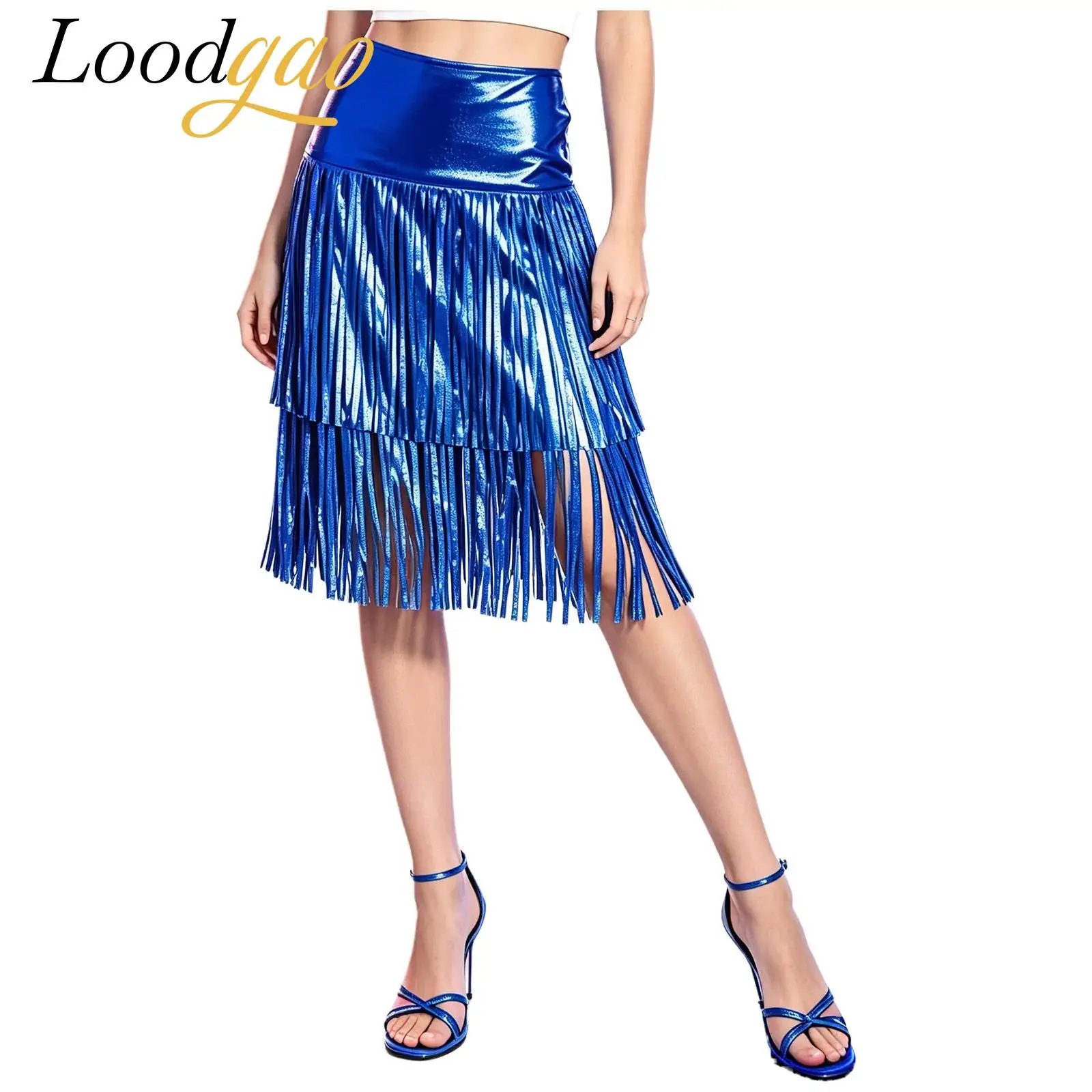 Women Metallic Shiny Fringed Skirt Flowy Tassels High Waist Bodycon Pencil Skirt Elegant Lady 1920s Cocktail Party Costume