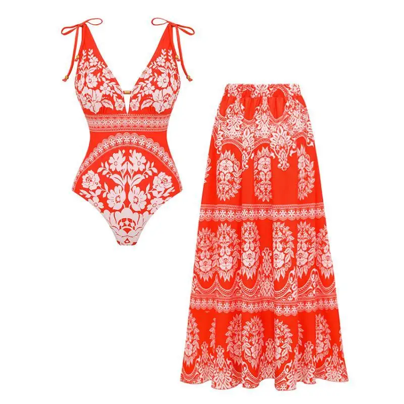 Flaxmaker Women Swimsuit and Skirt Lily Contrast Print Fabric Patchwork Swimwear Summer V Neck Bow-detailed Red Printed Bodysuit