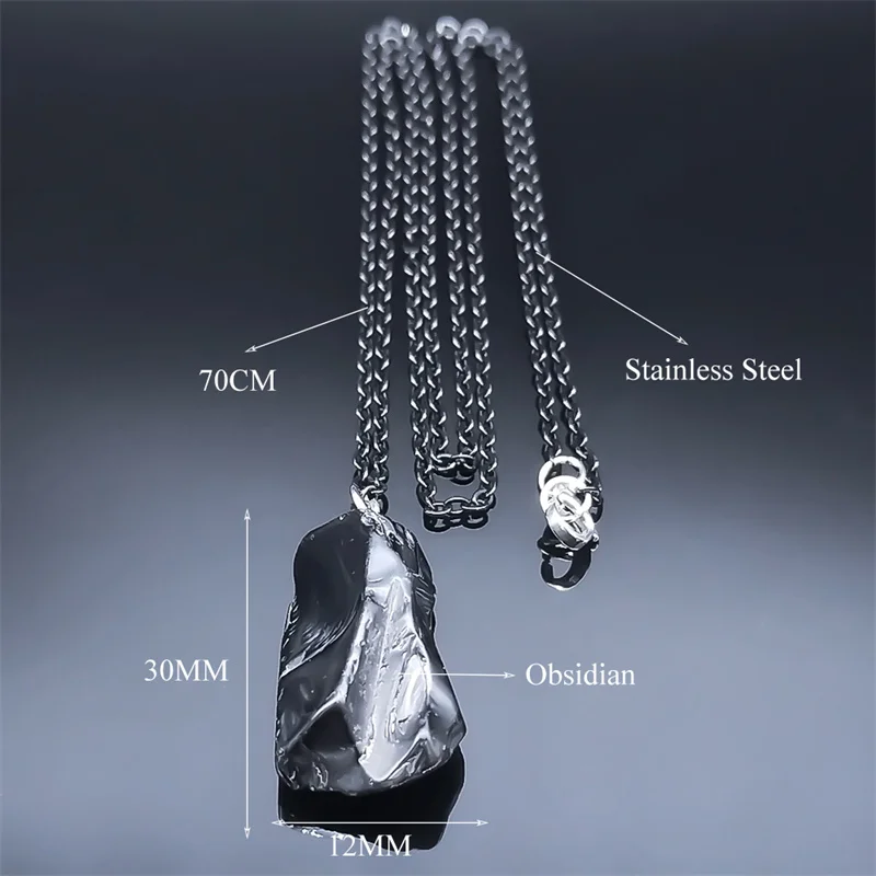 Black Obsidian Irregular Natural Stone Necklace Boho Stainless Steel Black Sweater Chain Fashion Necklaces Lucky Jewelry NDD16