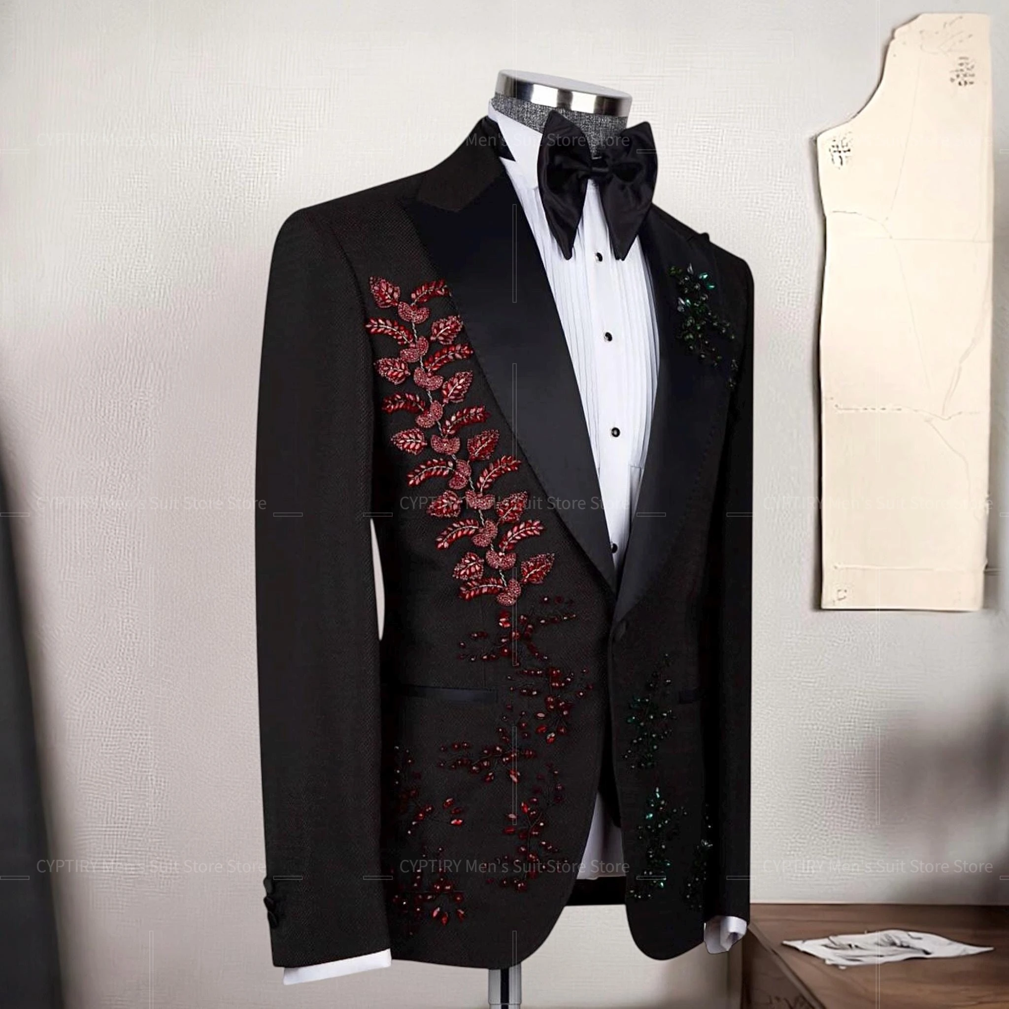 Suit For Man Black With Crystal Stones Embroidered, Wedding Groom Two Piece Tuxedo, Prom Men's Suit, Graduation Tuxedo