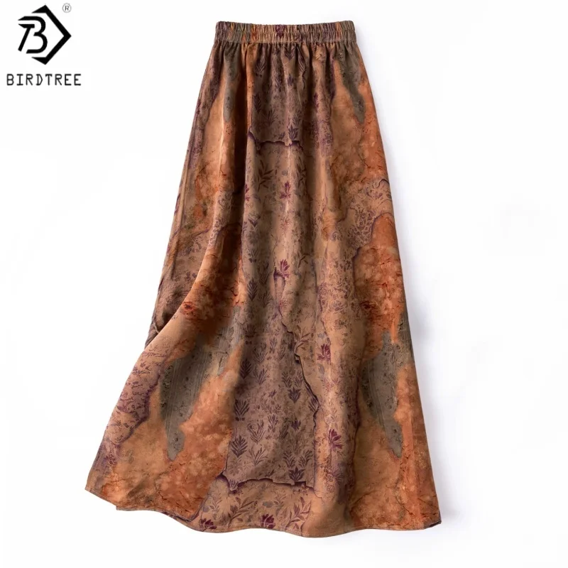 Birdtree, 100% Real Silk Jacquard Skirt, Elastic Waist, Women's Floral Luo Xiangyunsha Slit Skirts, 2026 Autumn New D68225JF