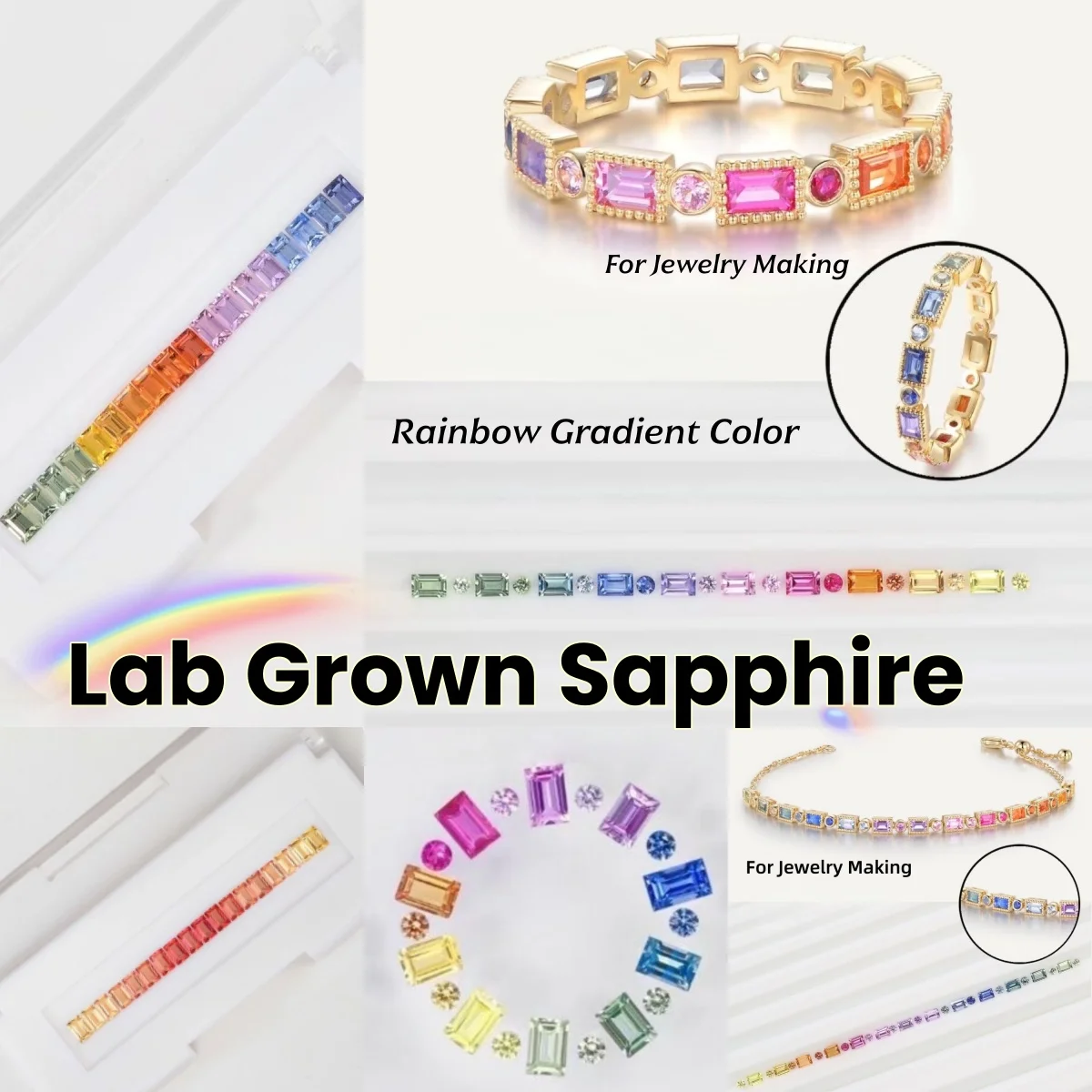 High Quality Rectangle Shape Lab Grown Sapphire Loose Gemstone Rainbow Gradient Color Strips for Bracelet Wedding Ring Making