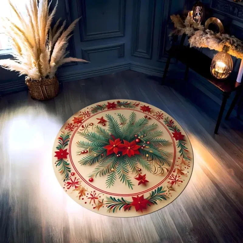~O~Floral Round Rug – Merry Christmas & New Year Holiday Decor Gift for Home