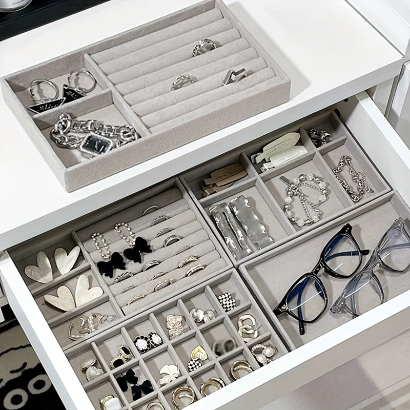 Stackable Velvet Jewelry Tray - Grey, Rectangular Storage Drawer for Rings, Necklaces, and Earrings, Jewelry Storage