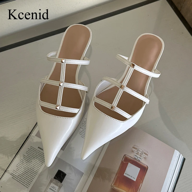 

Kcenid Narrow Band Low Heels Banquet Party Shoes Ladies Slippers New Design Rivet Pointed Toe Summer Pumps Women Shoes Sandals