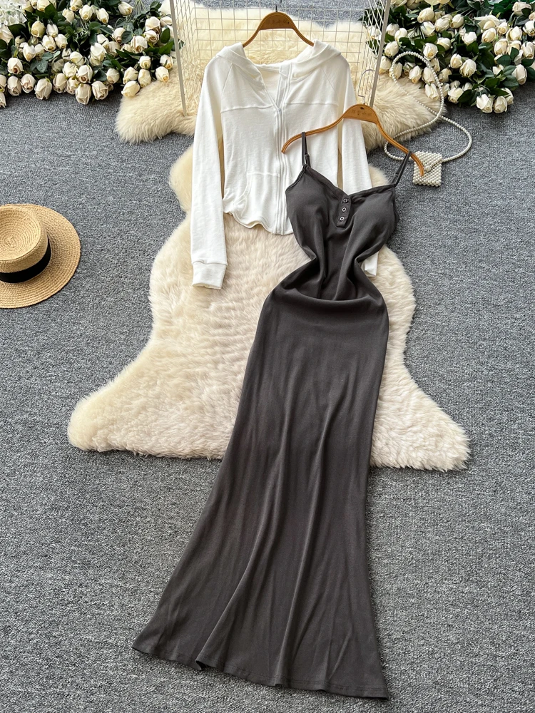 

Женское облегающее платье Ele с поясом, повседневный дизайн ter Ne и универсальный кардиган с капюшоном, комплект из двух предметов на осень