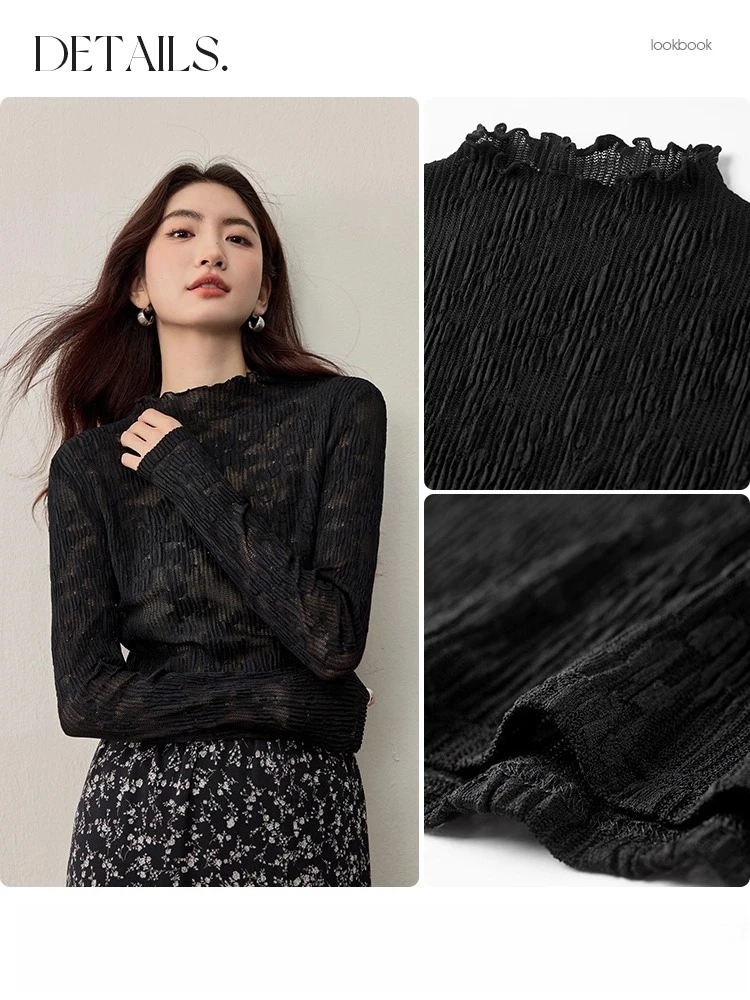 SENTUBILA レースインセット Tシャツ女性のための 2025 秋セミタートルネックスリムフィットストレッチ長袖ニットトップスエレガント 153SA2834