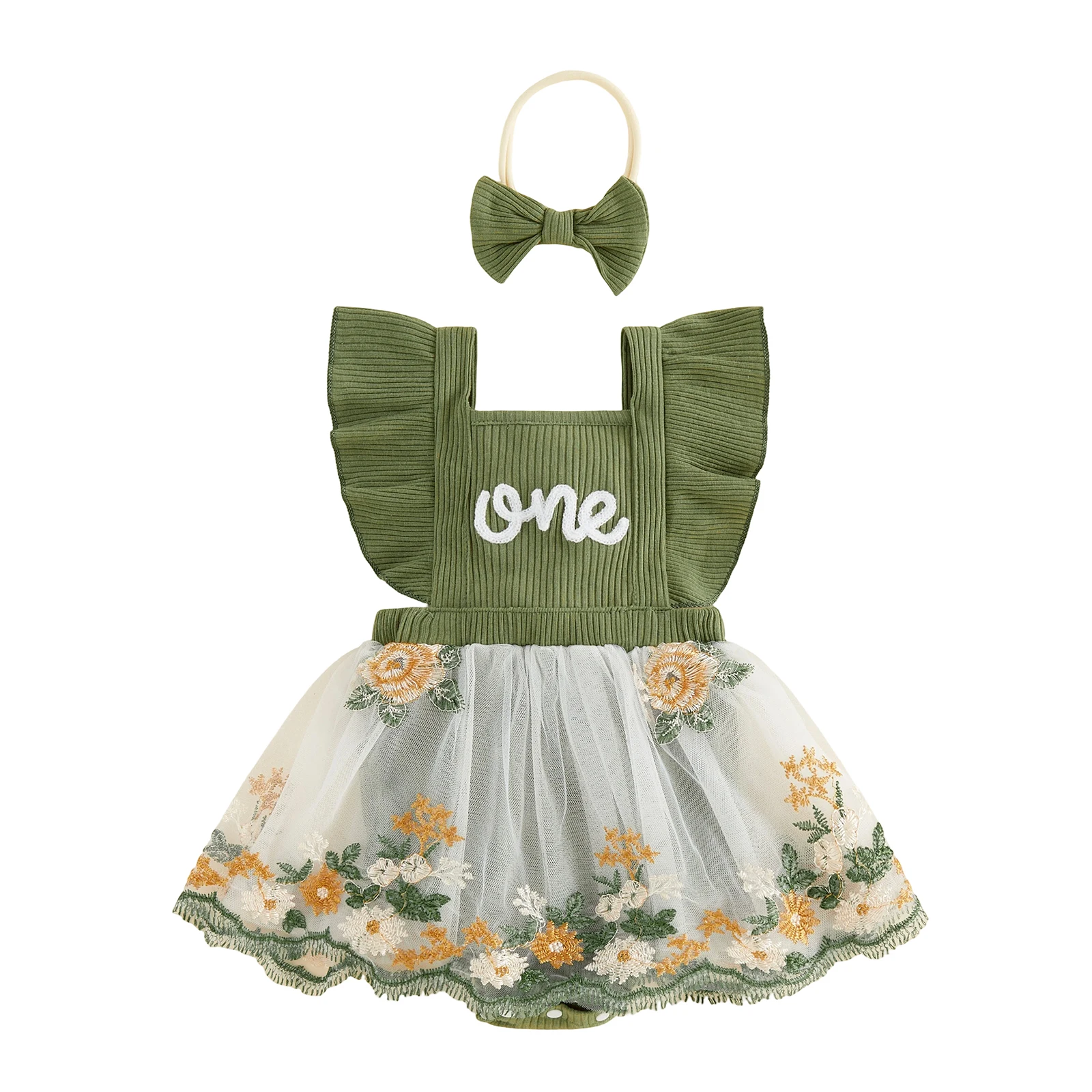 Baby Girl First Birthday Outfit Adorable Letter Embroidery Flying Sleeve Halter Neck Tulle Romper Dress and Bow Headband Set
