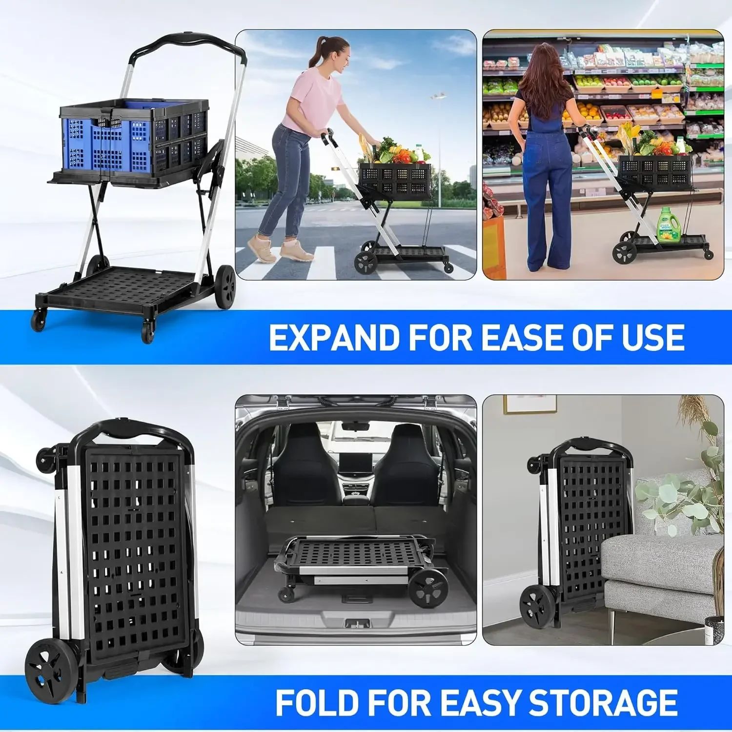 Folding Shopping Cart, Collapsible Shopping Cart with Wheels, Adjustable Foldable Portable Trolley, Grocery Shopping Cart with R