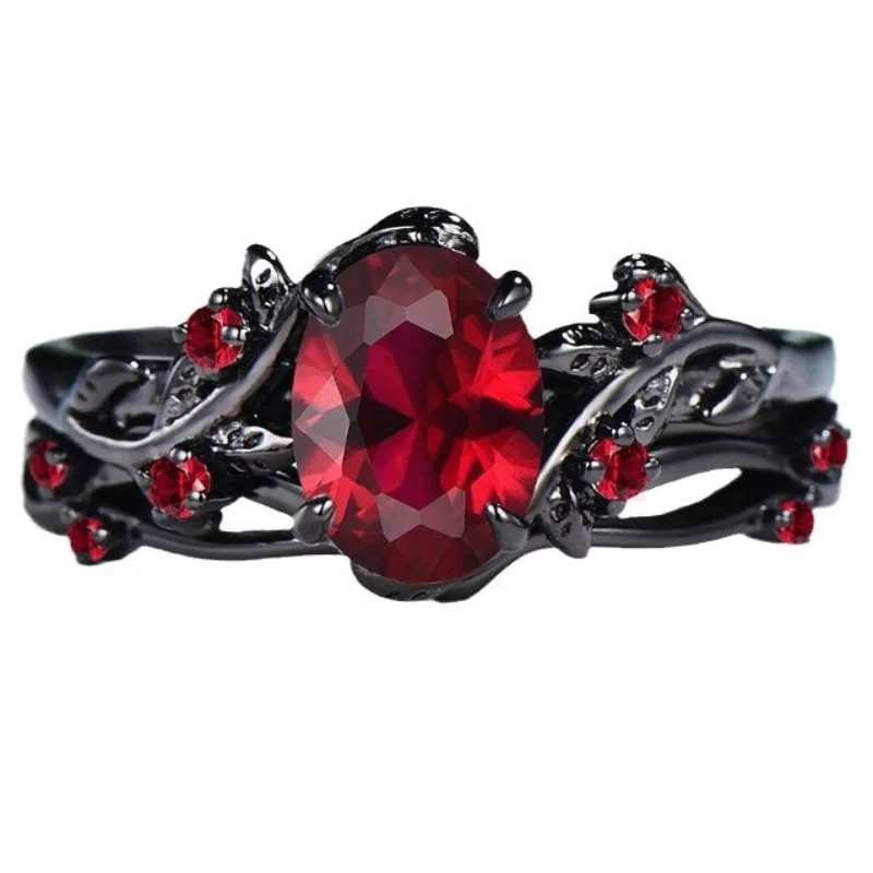 European and American New Retro Style Ruby Inlaid Gun Black Rose Branch Cross Women\'s Ring