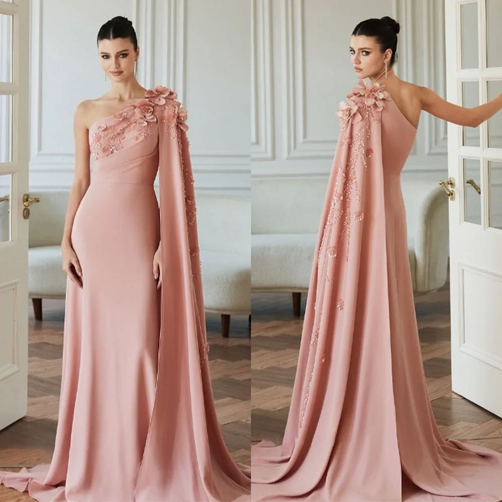 

High Quality Customized Floor Length Appliques Sweep Train Beaded Flowers One Shoulder Robe Pour Mariage Invité Evening Dress
