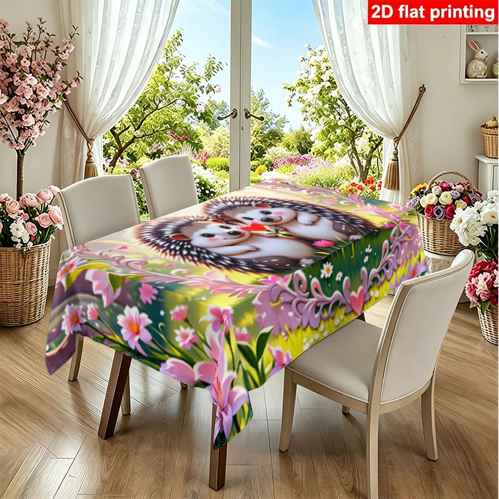 1PC Rectangular Tablecloth featuring a cute hedgehog couple with a floral heart frame, made of durable polyester fabric, perfect