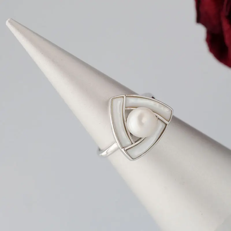 925 Sterling Silver Opening Adjustable Rings Trendy Geometric Triangular Inlaid Natural Freshwater Pearl Ring Lady Jewelry Gift
