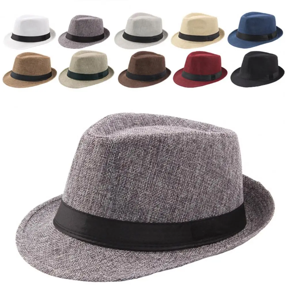 1Pc Casual Fedora Hat Wide Brim Sun Solid Color Panama Cap Comfortable Linen Boater Summer Beach Sunhat for Vacation