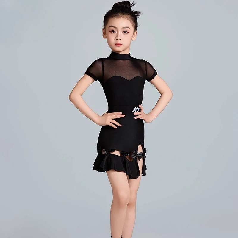 1set/lot children black latin dancing leotard and skirt girl velvet lace cha cha tango dancing costumes