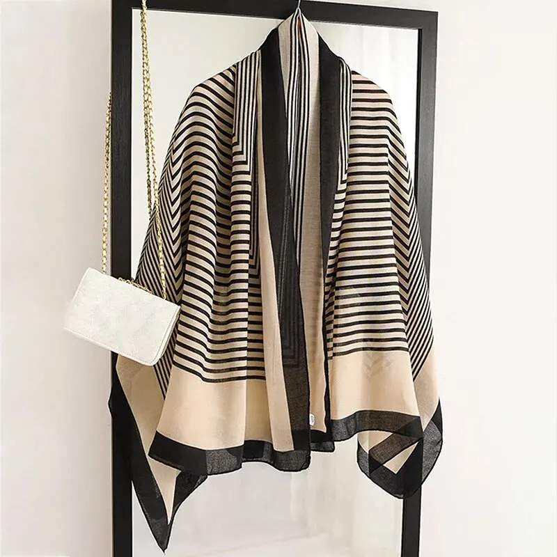 Women Cotton Viscose Striped Scarf Geometric Printed Muffler Spring Summer Beach Towel Air Conditioning Long Shawl 182*83cm