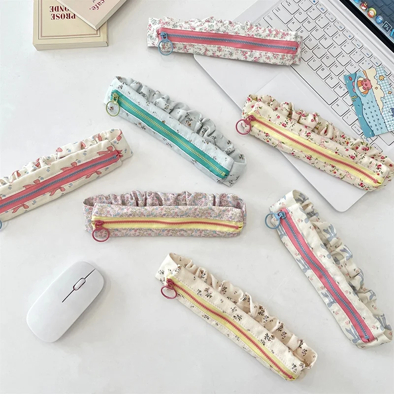 Cream Floral High Value Large Capacity Pencil Bag Student Stationery Storage Bag Student Class Pencil Case