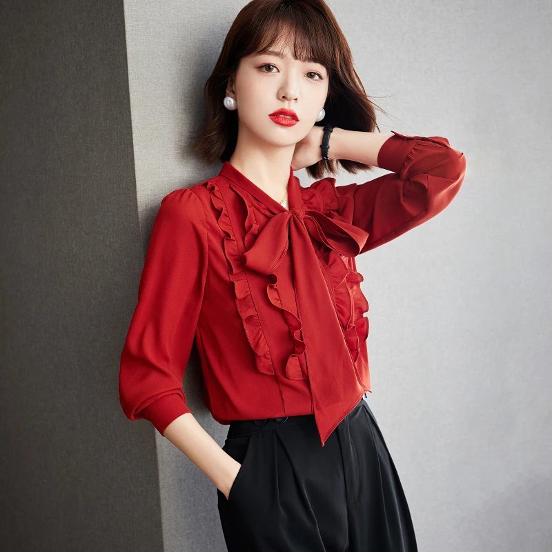 Autumn Bow Lace-up Women Tops 2024 New Korean Fashion Women Shirt V-Neck Red Long Sleeve Blouse Straight Slim Shirts for Women