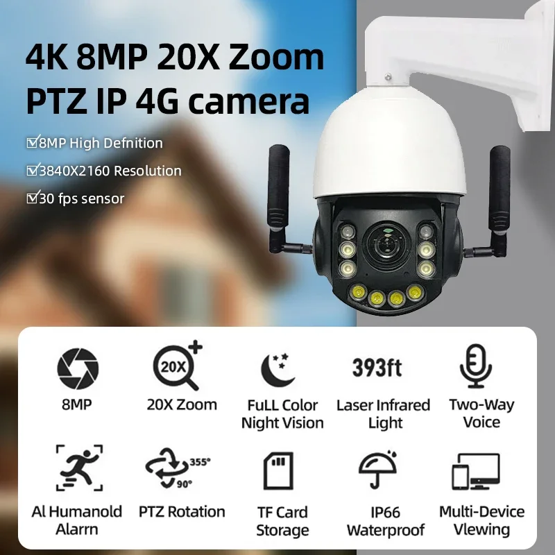 

4G PTZ 20X ZOOM IP HD Cameras Auto Tracking 8mp 4K Surveillance CCTV Security Two Way Audio Outdoor Night Vision Infrared Camera