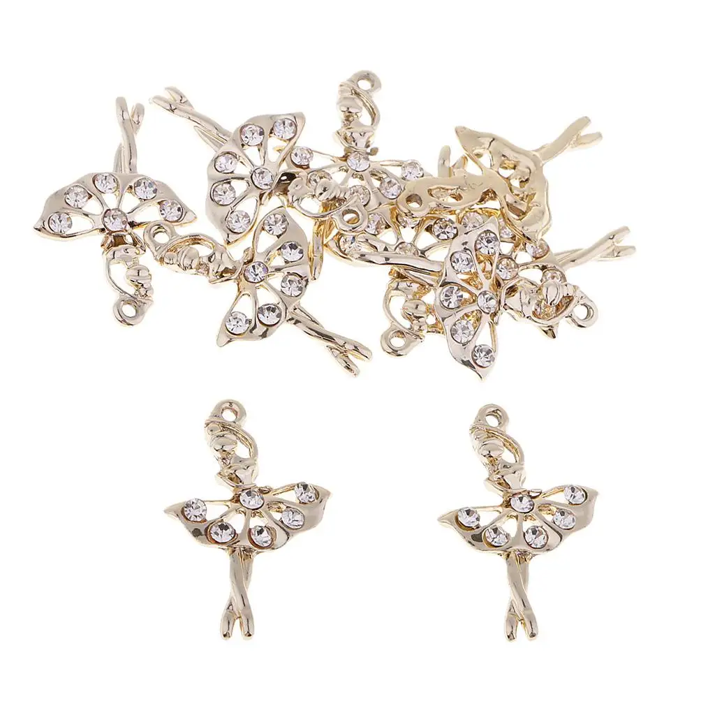 10Pcs Rhinestone Fairy Ballet Dancer Ballerina Girl Gold Color Alloy Charms Necklace Pendant DIY Jewellery Making for Women Girl