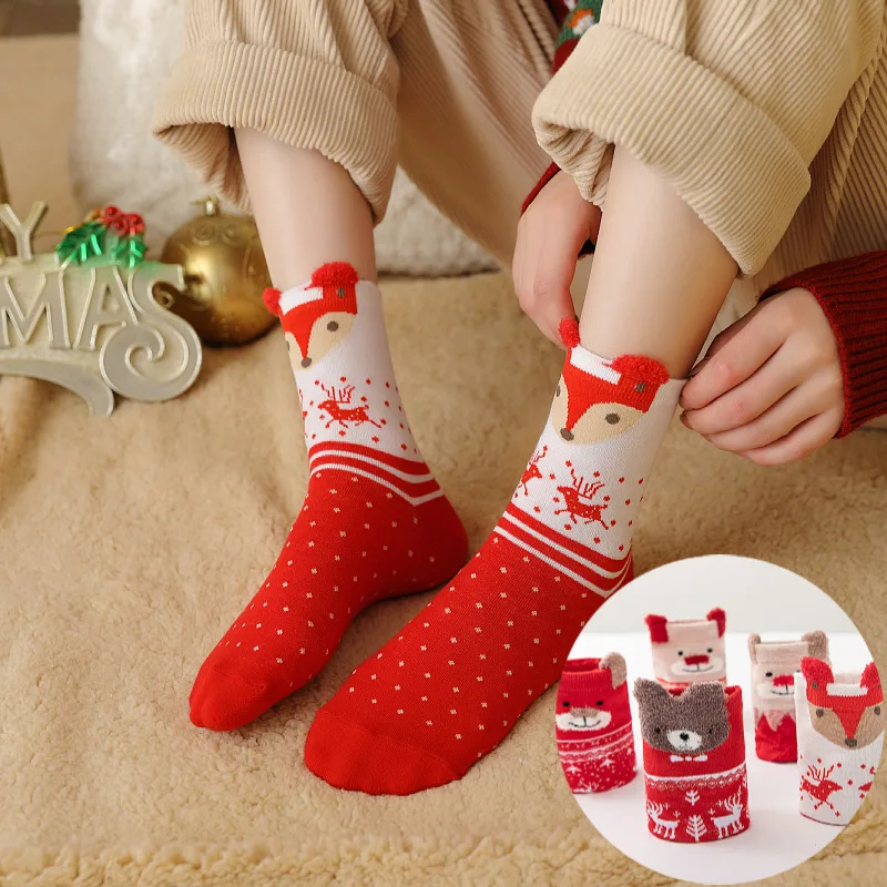 1 par de medias navideñas de Otoño Invierno para niñas y mujeres, calcetines bonitos de reno de dibujos animados, regalo de Navidad rojo, conjunto de calcetines para mujer 2025